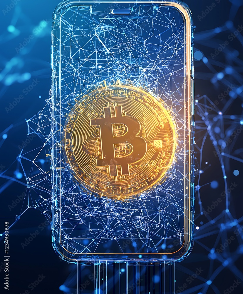 Poster bitcoin cryptocurrency displayed on a cracked smartphone screen within a digital network.