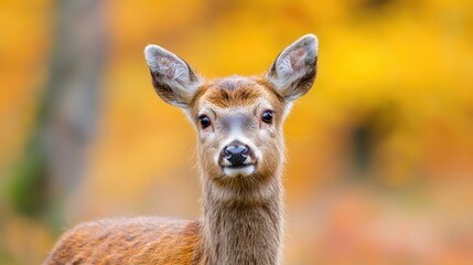 Young deer autumn forest portrait, nature background, wildlife