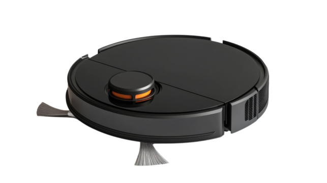 Modern robotic vacuum cleaner cleaning on transparent background
