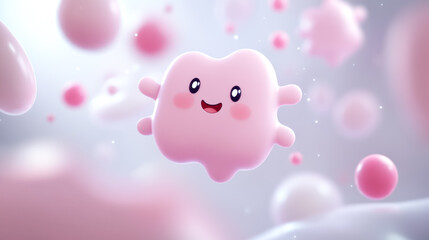 Joyful pink character floating digital world animation whimsical close-up happiness