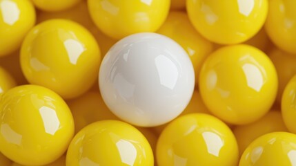 White ball among yellow balls, close-up texture
