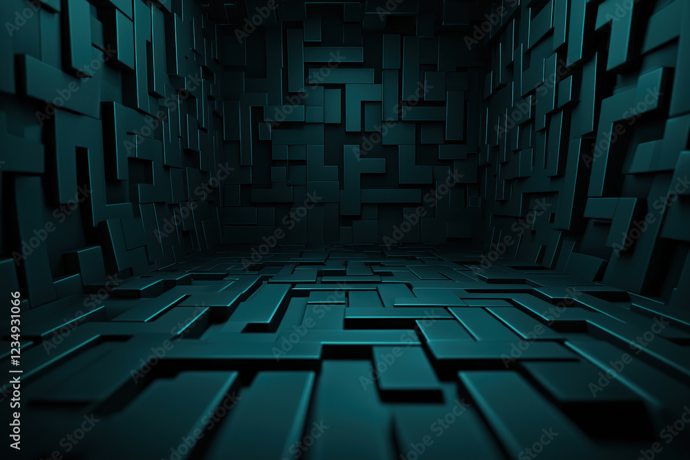 Poster surreal maze of glowing geometric patterns creates immersive and mysterious atmosphere in dark room.