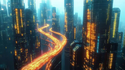 The power of big data in contemporary cities is symbolized by a futuristic skyscraper scene composed solely of illuminating data streams, with colorful data rivers rushing through the streets.