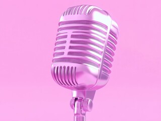 A professional vintage-style microphone stands against a vibrant pink and purple background,...