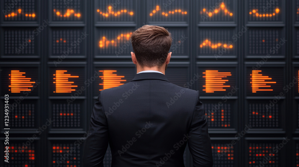 Poster man in suit stands in front of glowing data dashboard, analyzing vibrant charts and graphs. scene co