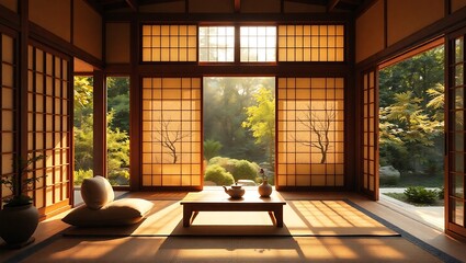 Fototapeta premium Tranquil Sunlit Japanese Zen Room with Garden View – Meditation Space Interior Design