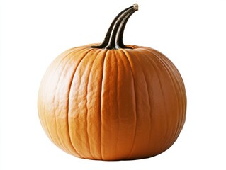 A vibrant orange pumpkin with a dark green stem, isolated on a plain white background, showcasing its smooth texture and round shape.