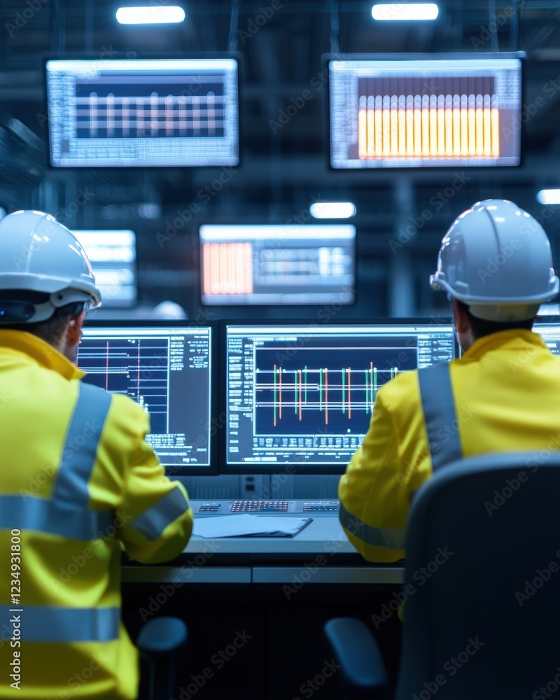 Poster two workers in yellow jackets and helmets monitor data on screens in a control room, analyzing graph