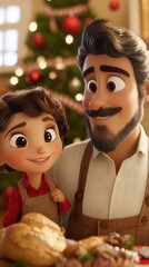 A warmly illustrated scene of a happy family gathering. A child and father smile joyfully at a festive table adorned with a Christmas tree in the background.