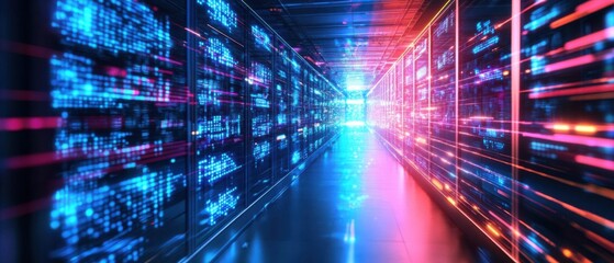 Obraz premium Futuristic server room with glowing blue and red data streams, showcasing digital technology and data processing in a modern data center