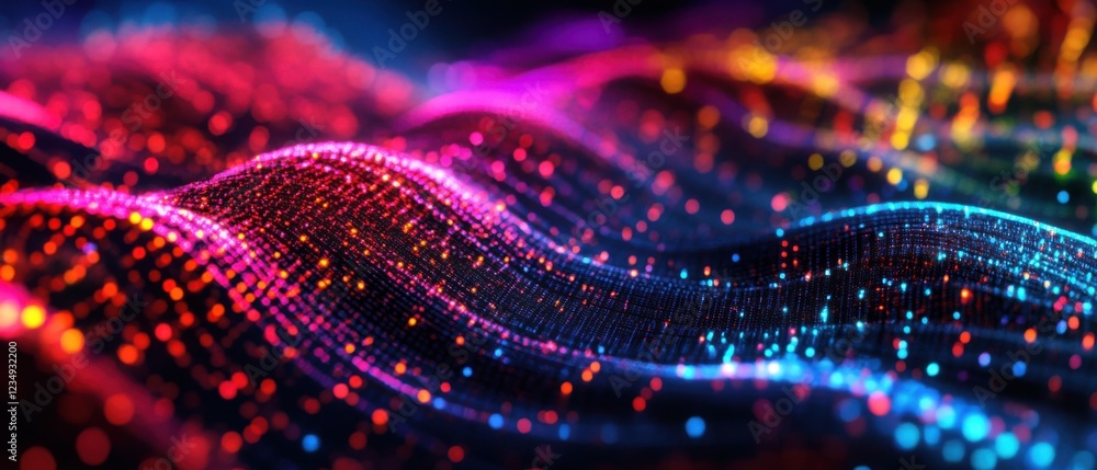 Poster abstract digital wave of glowing particles with vibrant red, pink, blue, and yellow colors, creating