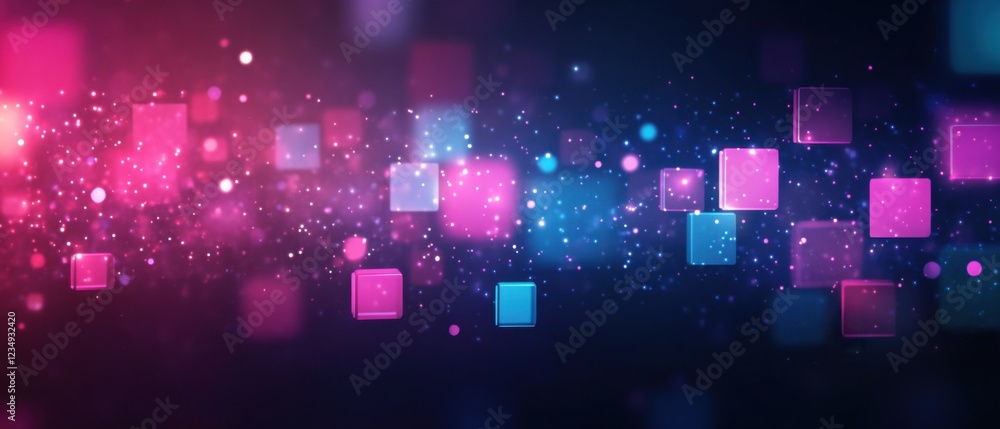 Aufkleber abstract 3d cubes floating in a vibrant pink and blue particle cloud, creating a modern futuristic b