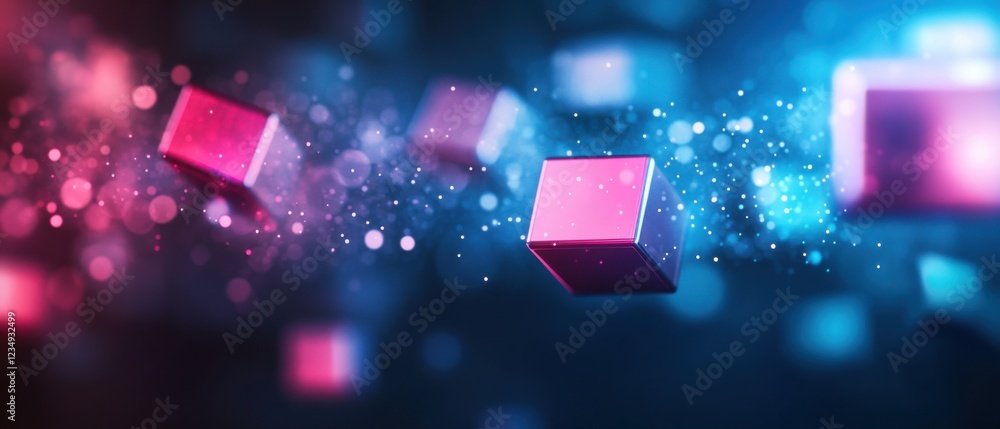 Poster abstract 3d pink and blue cubes floating with bokeh lights and particles in a dark background concep