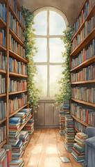 Obraz premium Whimsical Watercolor Bookstore Scene, Soft Pastel Colors, Peaceful Cozy Reading
