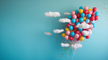 Colorful balloons float among fluffy clouds, confetti trailing below.