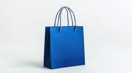 Blue paper shopping bag, file of isolated cut-out object on white background, mockup template for the design, Shopping sale delivery concept