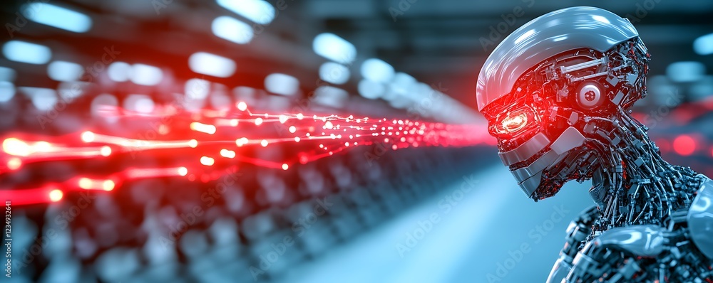 Poster advanced robotic head processing data stream in futuristic factory setting