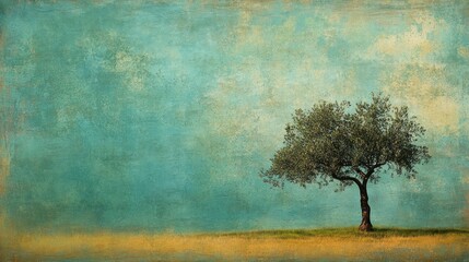 Solitary tree, field, textured sky, peaceful landscape, design