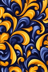 Vibrant floral pattern with swirling shape in blue and gold, ideal for textile or wallpaper design