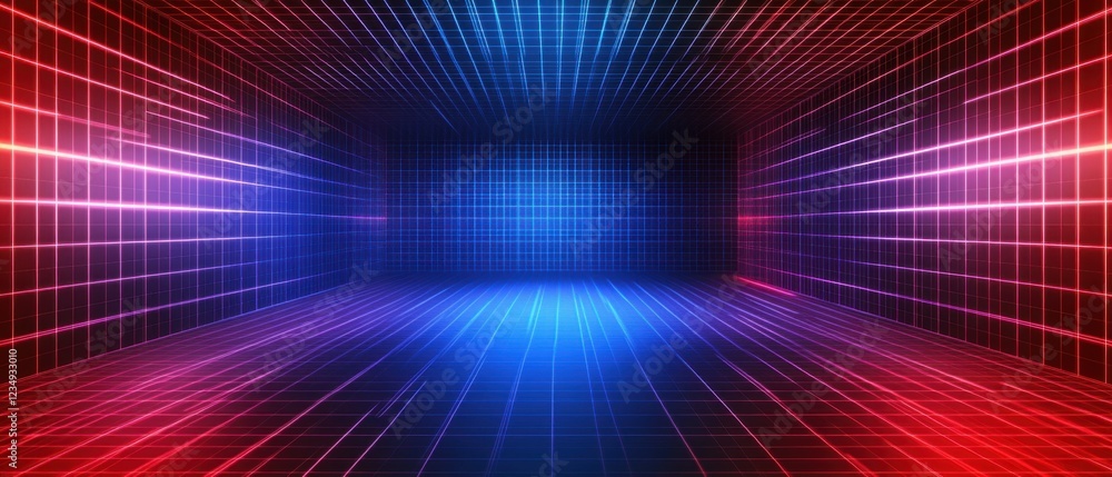 Poster abstract 3d rendering of a futuristic grid room with red and blue neon lights, creating a virtual sp