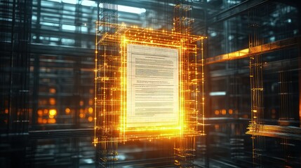 A futuristic legal document representing the cornerstone of labor rights and construction legislation, composed of steel beams and blueprints, shining in the middle of a building project