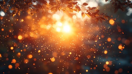Obraz premium Magical Autumn Sunset Scene With Glowing Bokeh And Leaves Overhead. Warm, Dreamy, And Peaceful.