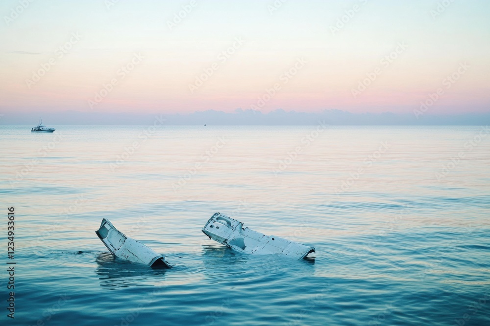 Poster broken airplane parts float serenely on a calm ocean during twilight hours near a distant boat. gene