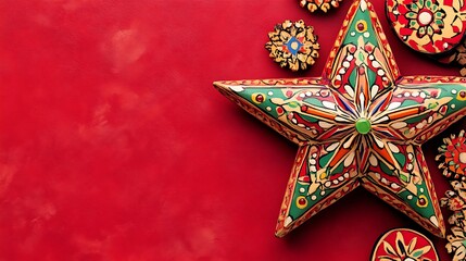 Festive Hand Painted Wooden Star Ornaments On Red