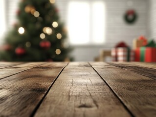 A rustic empty wooden table with a blurred Christmas background featuring a decorated tree, warm...