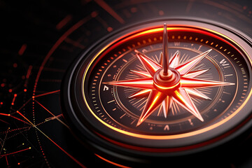 glowing compass with radiant branding paths symbolizing direction and guidance, set against dark background with intricate patterns