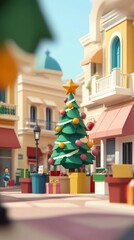 A charming cartoon-style Christmas tree adorned with colorful ornaments stands in a lively town square, surrounded by cheerful buildings.