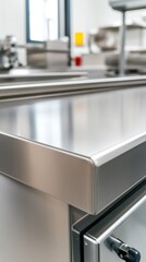 A sleek countertop made of grainless microplaned stainless steel in a modern kitchen setting.
