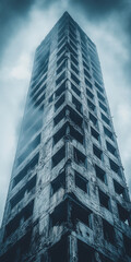Eerie abandoned skyscraper under foggy sky in urban landscape with dramatic atmosphere