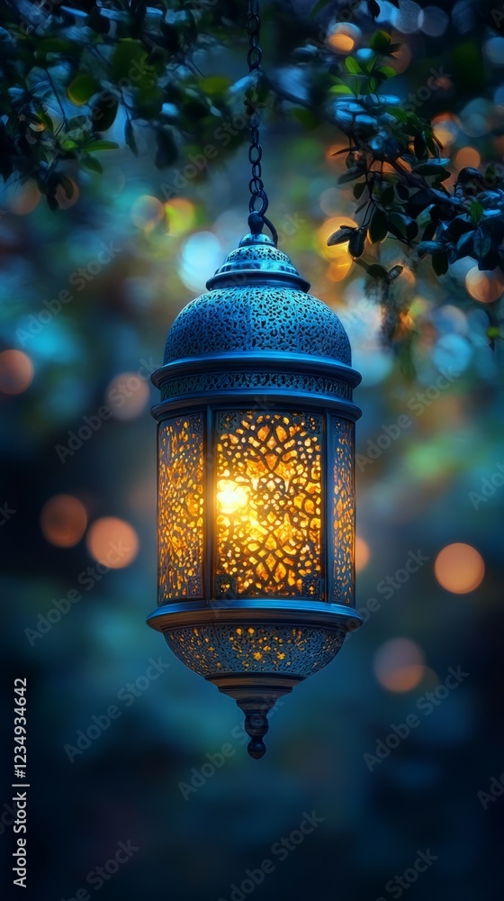 Poster a glowing moroccan lantern hangs from a tree branch at night, creating a serene and mystical atmosph
