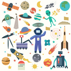 space set illustration astronauts  rockets planets  aliens, telescopes, stars, cosmic elements