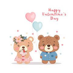 Illustration of two adorable teddy bears, one holding a bouquet of flowers and the other with heart-shaped balloons. Features pastel colors and 