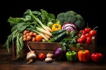 Colorful fresh vegetables overflowing from a wooden crate on a rustic wooden table against a black background