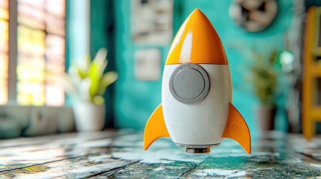 Vintage Rocket Ship on Rustic Tabletop, Teal Background