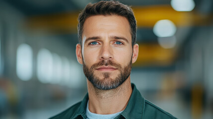Obraz premium Confident adult Caucasian man with beard in industrial setting