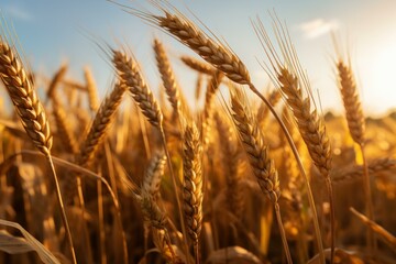 Fototapeta premium Ripe wheat stalks bathed in golden sunlight create a picturesque scene of agricultural abundance