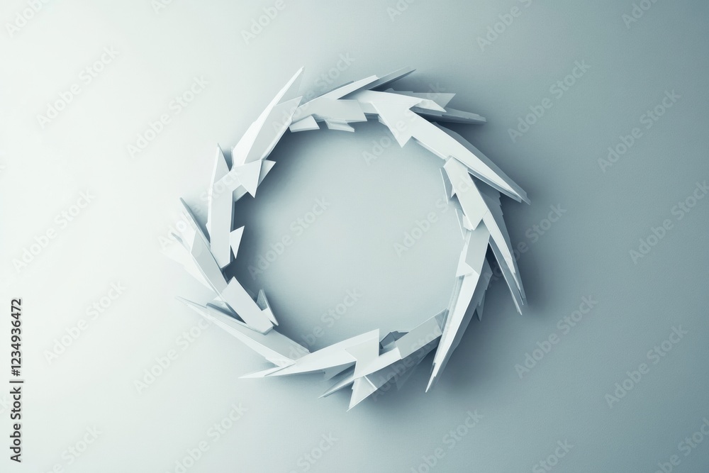 Poster creative paper art showcasing a circular arrangement of dynamic arrows on a minimalistic surface. ge