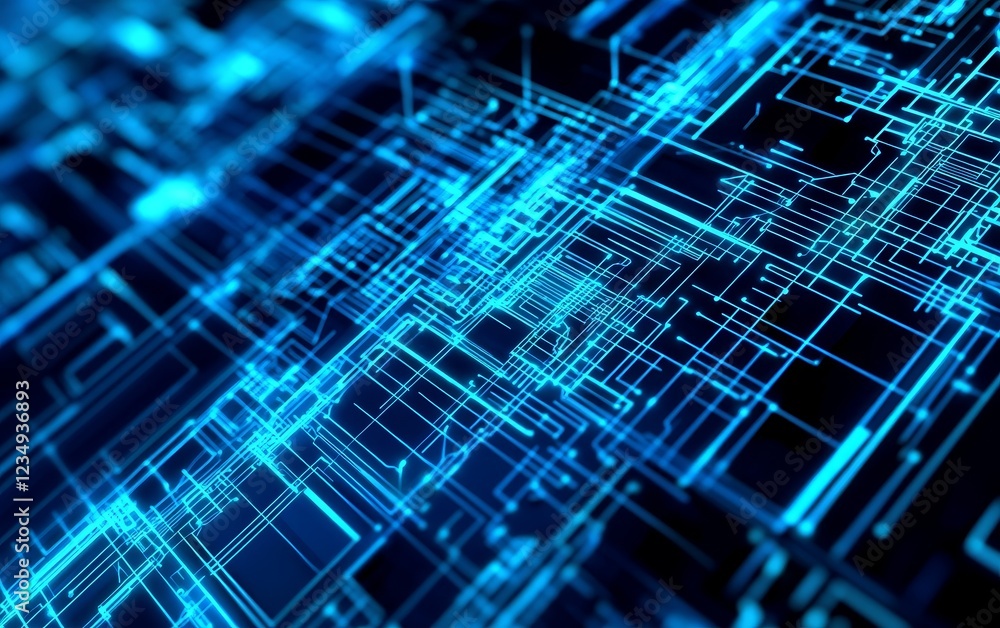 Poster abstract digital lines and circuits creating a futuristic network design with glowing blue hues