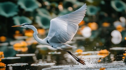 Heron taking flight over lily pads, wetland