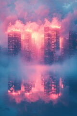 Cityscape Reflection in Pink Mist and Clouds