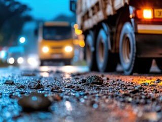 A nighttime scene depicting a road accident involving a truck and blurred vehicles. The wet road reflects city lights, creating a tense and dramatic atmosphere.