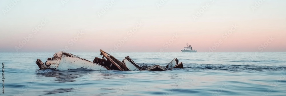 Poster broken airplane parts float serenely on calm ocean waters during twilight hours near an approaching 