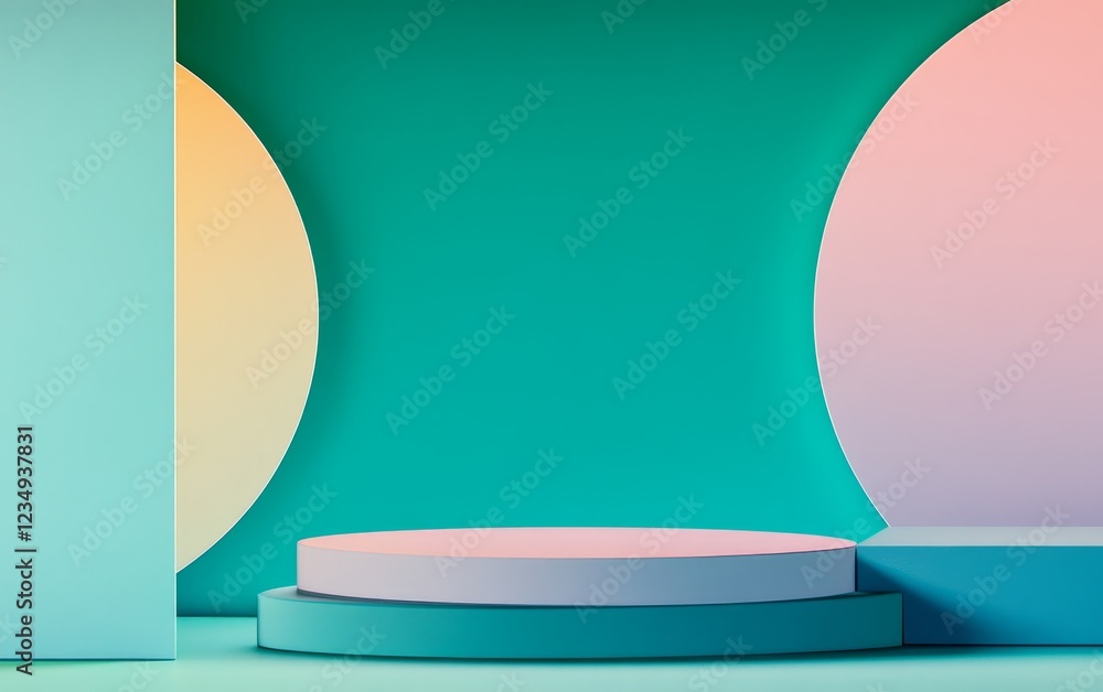 Poster abstract geometric background featuring pastel-colored shape and platforms in a modern setting