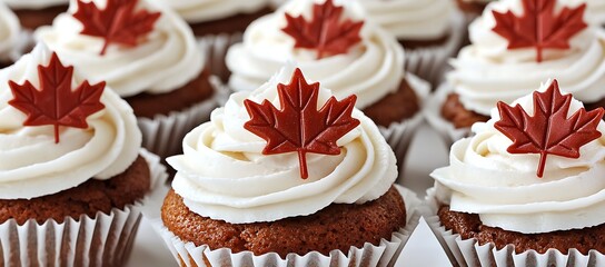 Red Maple Leaf Decorated Brown Sugar Cupcakes with White Frosting
