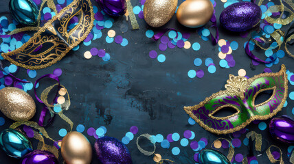 Festive masks and confetti celebrate a joyous occasion.