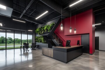 Modern Office Lobby with Red Accent Wall, Green Wall, and Sleek Reception Desk
